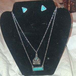 3 Piece Set Silver and Turquoise Necklaces and Earring Set